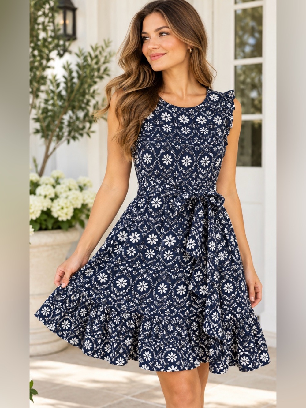 Kate Spade Lake Blue Navy White Eyelet Cotton Fit & Flare Dress Size 4 OUMU1076
